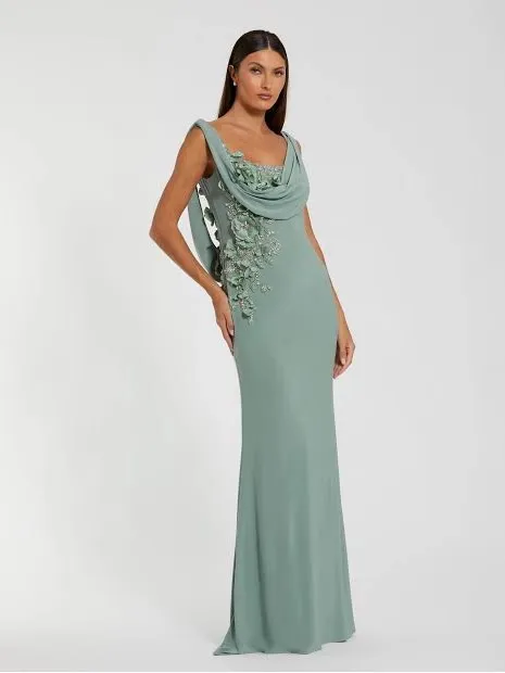 Mac Duggal 11910 Green Sleeveless Jersey Cowl Neck Gown With Beading sz 4 - Image 3
