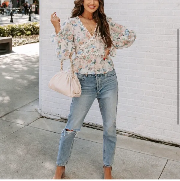 Vici New-Malaia Floral Crochet Peplum Top - Ivory Multi - Image 8