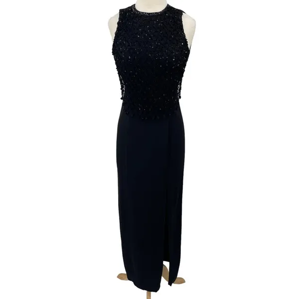 Vintage 90s Column Maxi Dress Sequin Fishnet Crochet Overlay Black NEW Womens S - Image 2