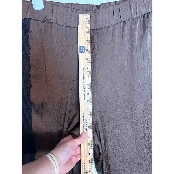 Anthropologie Brown Crinkle Satin Wide Leg Pants Black Lace Trim XL NEW - Image 6