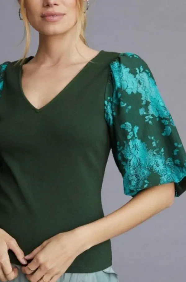 Anthropologie Dolan Left Coast green ribbed puff sleeve blouse S - Image 2