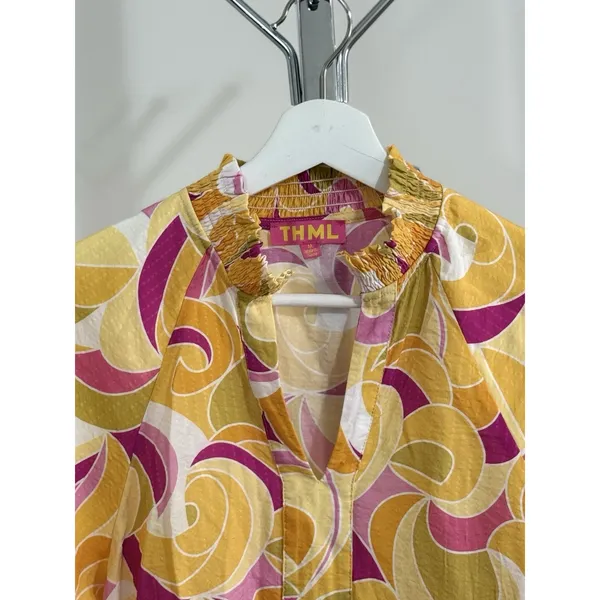 THML Women’s Yellow Pink Abstract Swirl Puff Sleeve V-Neck Blouse Top Size M - Image 3