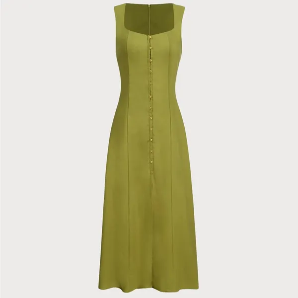 Rihoas Green Square Neck Button Sleeveless Midi Dress - Image 6