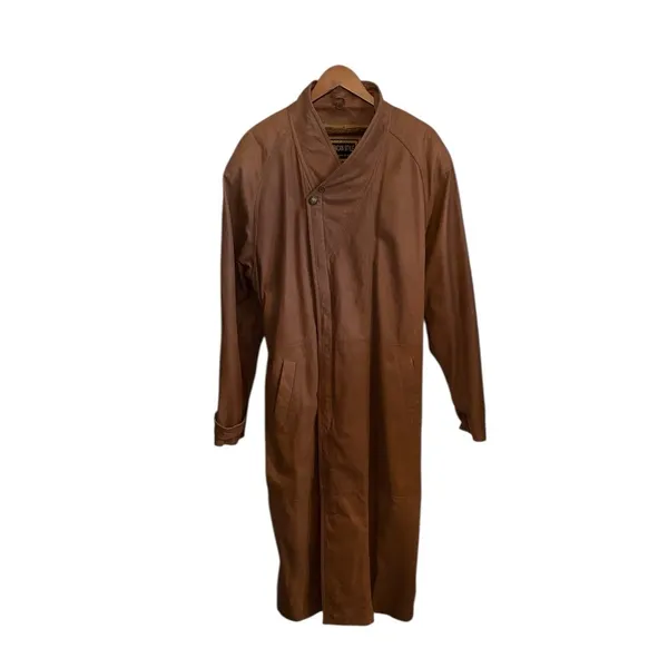 Vintage American Style Brown Leather Belted Trench Coat Mountain life old money - Image 6