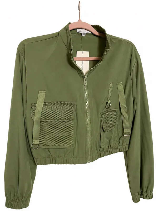 NWT Hot & Delicious Cropped Utility Cargo Jacket Small Olive Green Mesh Pockets - Image 3