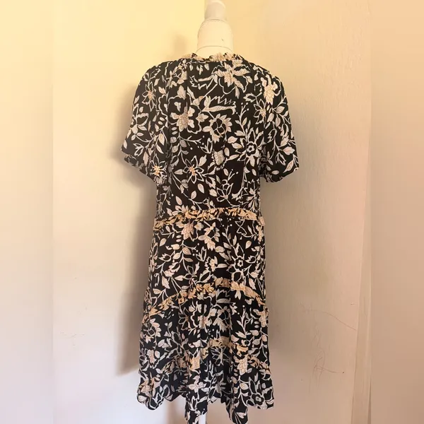 Anthropologie Black Floral Mini Dress with Beige Trim - Image 7