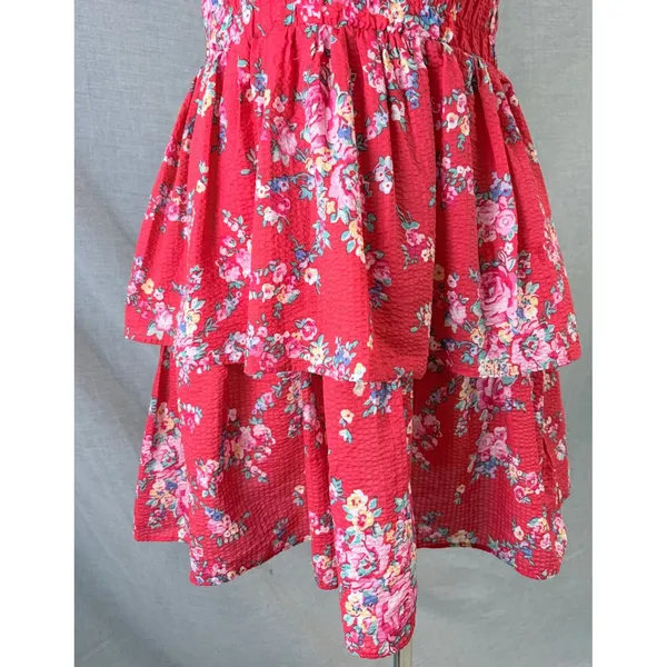 Betsey Johnson Mini Dress Red Floral Tiered Ruffle Lace Trim XS - Image 2