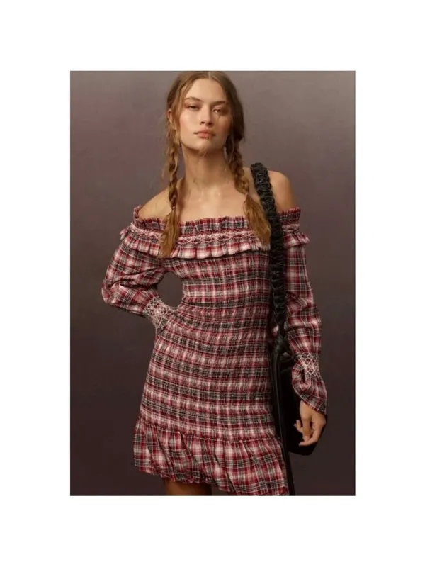 Anthropologie Pilcro Smocked Plaid Off-Shoulder Ruffle Mini Dress M Red White - Image 4