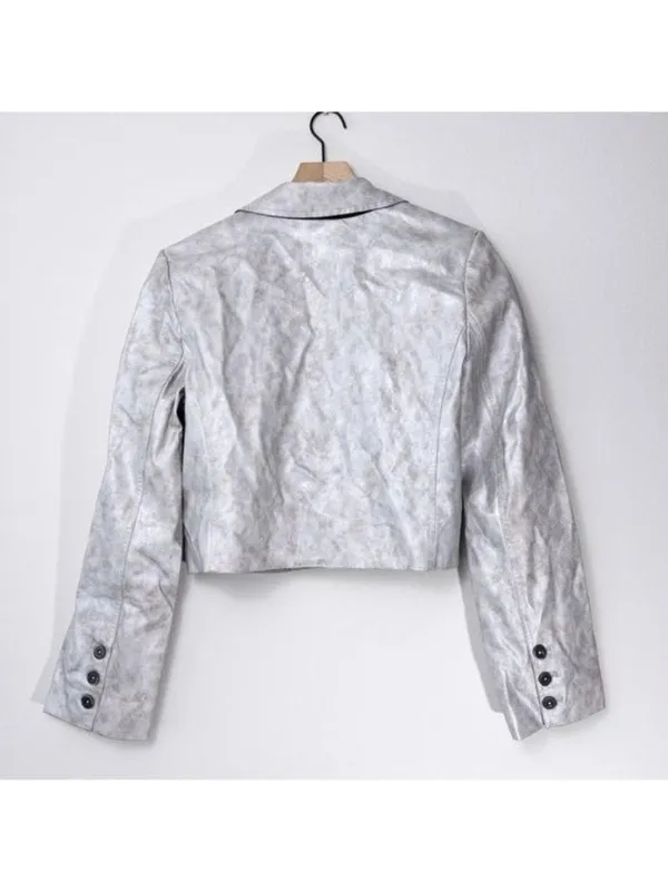 NWT Free People Block Party Metallic Blazer M Silver Vegan Leather Cropped Vneck - Image 7