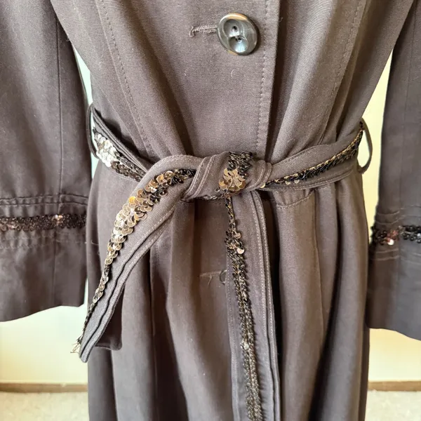 Zara Women 100% Cotton Trench Coat L Brown Sequin Belt Ruffle Collar Classic - Image 5