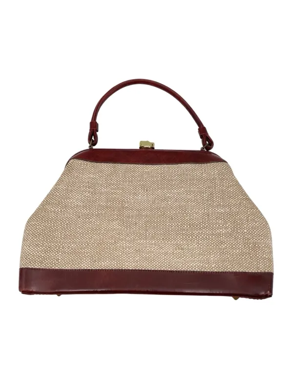 Vintage 50s 60s Top Handle Satchel Bag Red Leather Tweed Purse Midcentury Modern - Image 2
