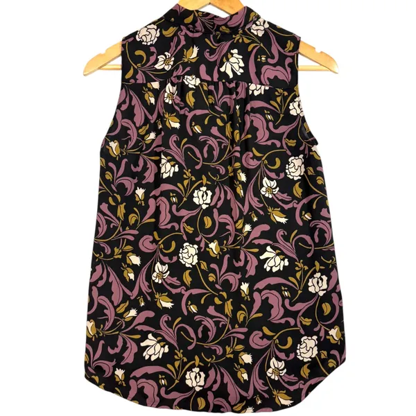 Loft XS Floral Tie Neck Top Sleeveless Black Purple Gold Office‎ Retro Feminine - Image 4
