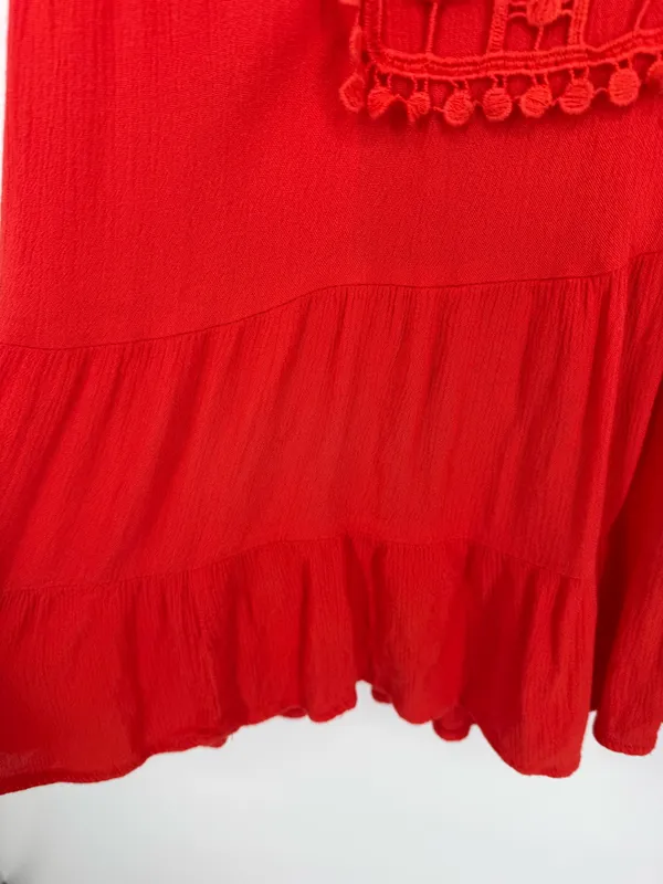 Indigo Soul Women's Large Red/Orange Sleeveless Crochet Trim Tiered Top Boho - Image 4