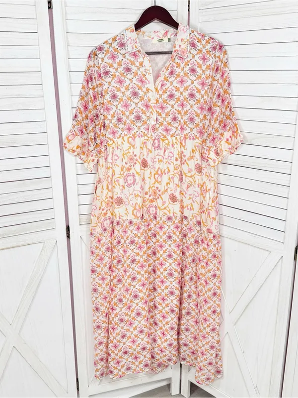Dolma Kelly Floral Boho Tiered Midi Dress Pink Orange Large Cotton Mosaic - Image 8