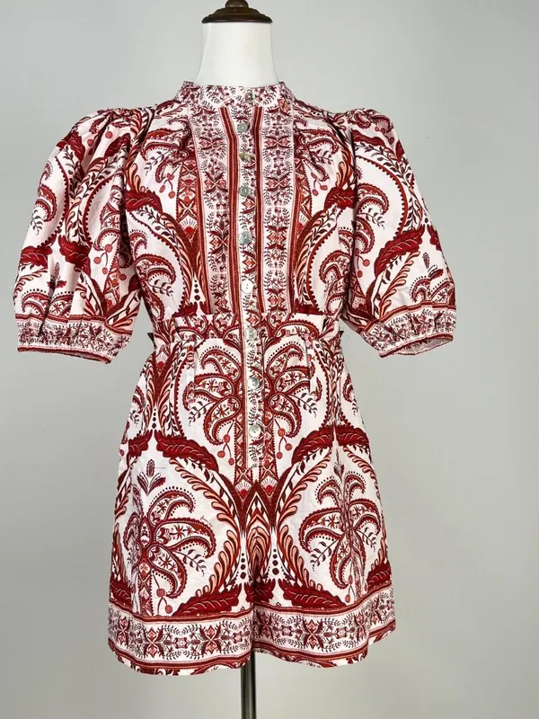 NWOT Farm Rio Tropical Cameo Belted Romper Size S 100% Cotton Puff Sleeves - Image 2