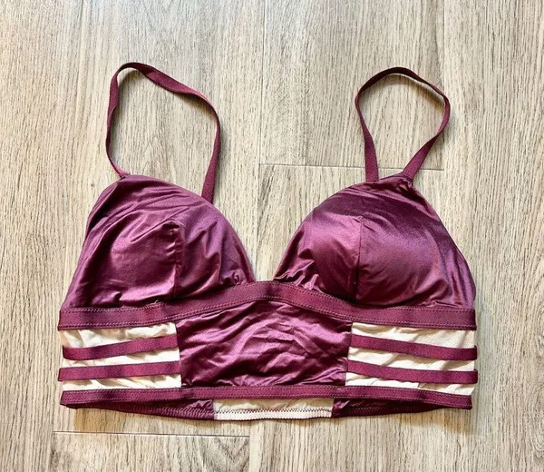 Victoria's Secret Strappy Mesh Long Line Plunge Satin Maroon Bralette Size M - Image 3