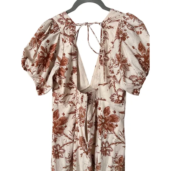 Abercrombie‎ & Fitch Floral Puff Sleeve Slim Poplin Midi Dress Cream Rust Medium - Image 6