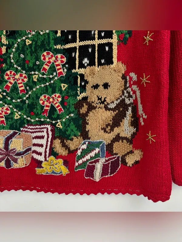 Vintage 90s Tiara International Red Christmas Sweater Sz Medium Teddy Bear Tree - Image 9