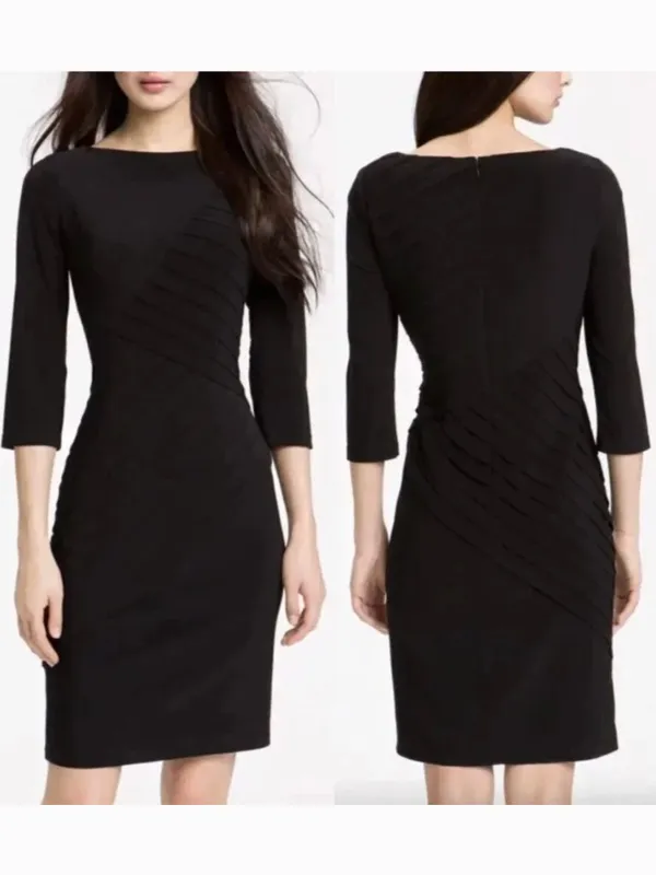 ADRIANNA PAPELL Black Shutter Pleat Pleated 3/4 Sleeve Jersey Knit Sheath Dress - Image 2