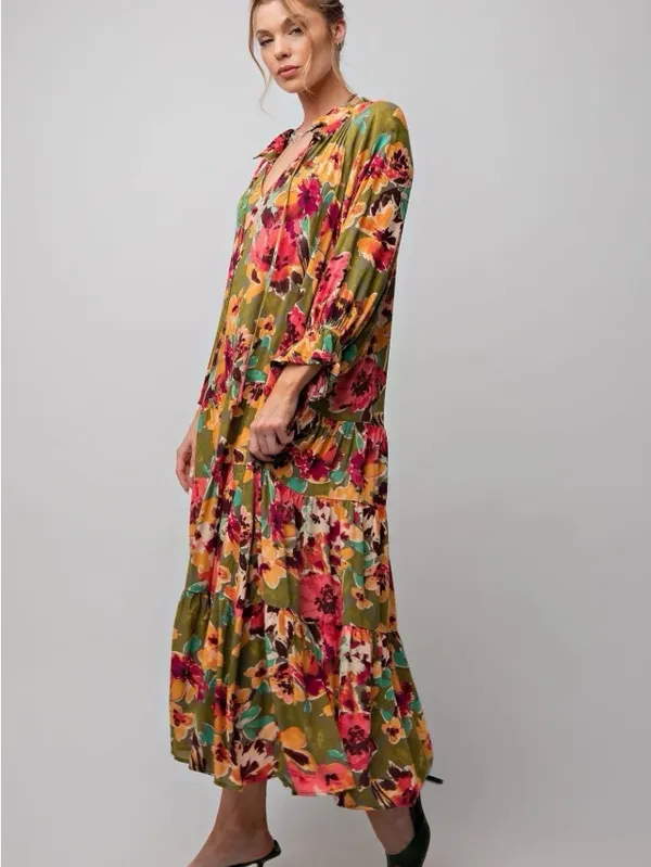 NWT Sabrina Olive Rose Printed 3/4 Sleeve Dress Size Small Tiered - Image 3