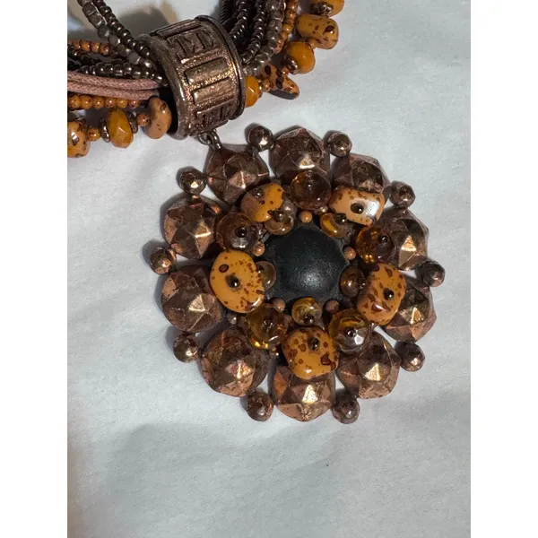 Brown Multi Strand Beaded Necklace Statement Pendant Boho Tribal 11” - Image 4
