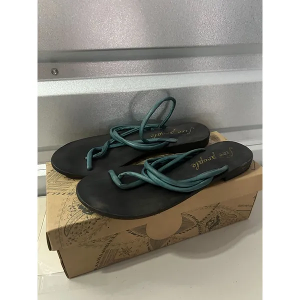 Free People Black Teal‎ Leather Strappy Thong Sandals Size 38 EU/8 Made in India - Image 2