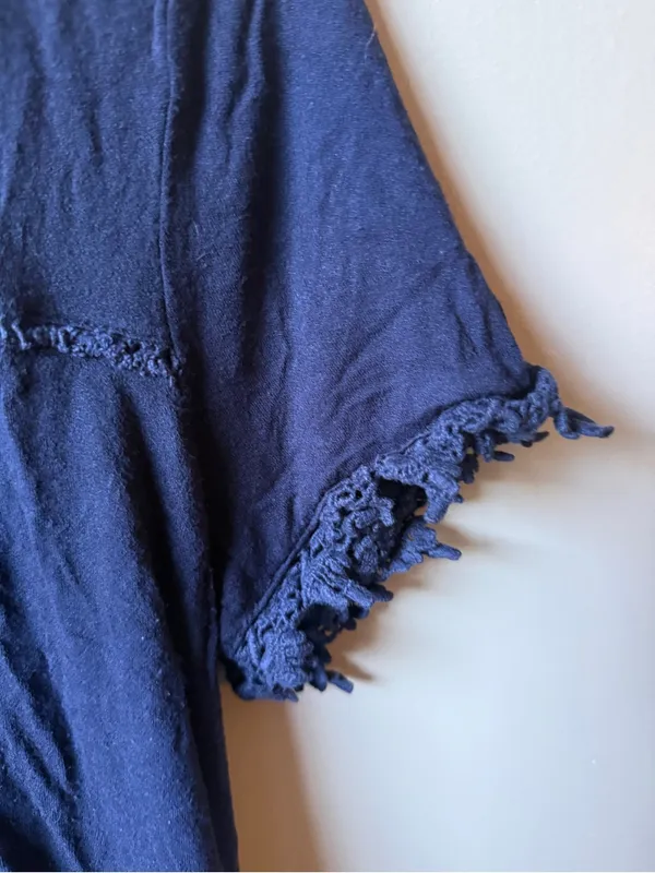 Navy Crochet Trim Boho Short Sleeve Top Women’s Large - Image 2
