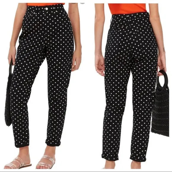TOPSHOP Moto Mom High Waisted Polka Dot Print Jeans Size 25 EUC - Image 3