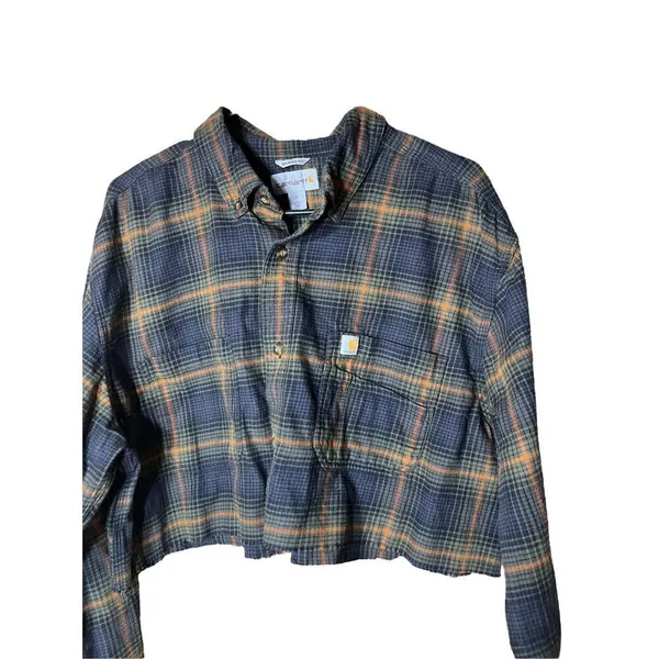Carhartt Relaxed Fit Plaid‎ Cropped Long Sleeve Button Down Shirt Size XL - Image 2