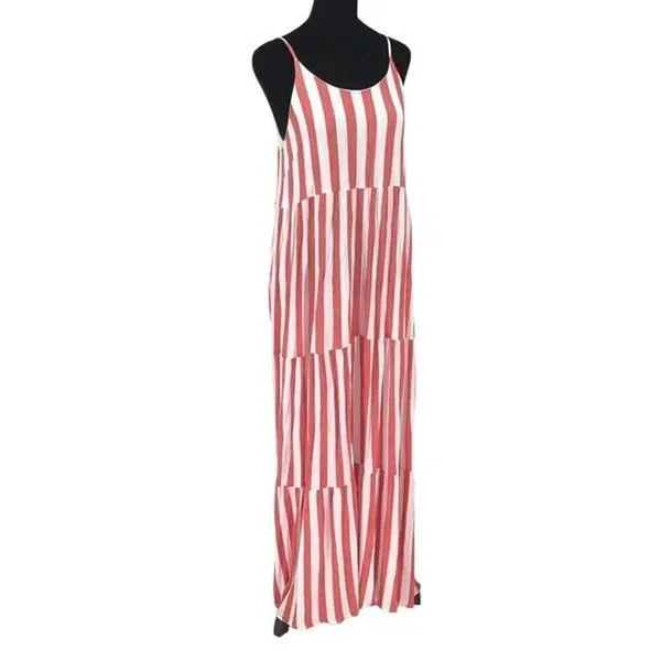 She + Sky Womens Striped‎ Adjustable Strap Tiered Maxi Dress White Coral Medium - Image 2