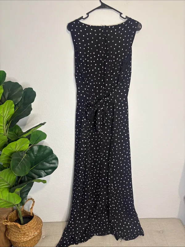 Sleeveless Black Polka Dot Maxi Dress 16 with waist tie - Image 5