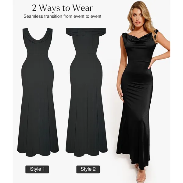 NWT Popilush Shapewear Maxi‎ Dress Cowl Neck Built-In Bra Black Small - Image 4