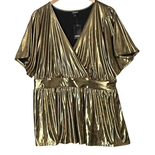 Torrid Top Liquid Shine Peplum Blouse Sz‎ 18/20 Gold Metallic Party New - Image 2