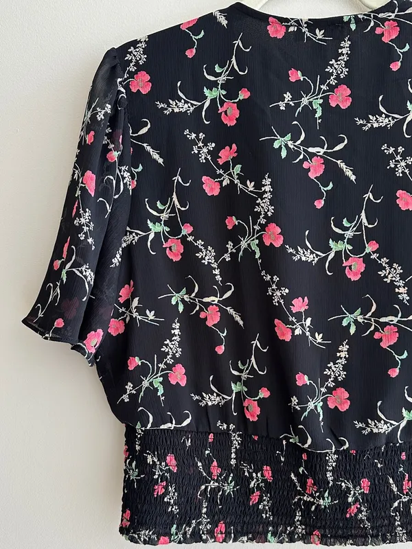 Haver London Smocked Waist Floral Flowy Blouse, Black/Pink, Size Large - Image 14