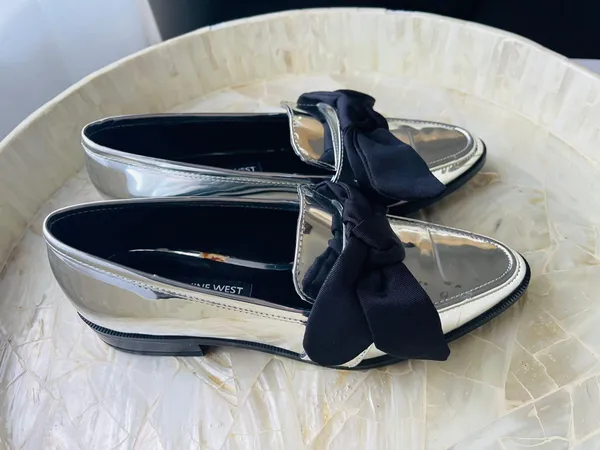 Nine West Silver Patent Weeping Bow Loafers - Image 2