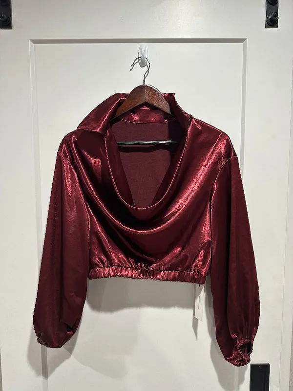 COMMENSE Satin Cowl Neck Cropped Cinched Blouse Brown Size M - Image 2
