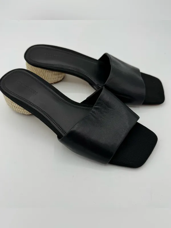 Nordstrom Winona Black Leather Raffia Block Heel Slide Sandals Women’s 6.5 NEW - Image 2