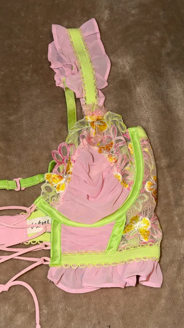 Exclusive For Love & Lemons & Victoria's Secret. Pink bra with yellow & orange floral embroidery and green trim #lingerie #floral - Image 3