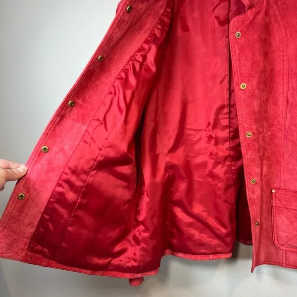 David Brooks Suede Jacket Red Snap Front Pockets Moto Minimalist Sz Large Petite - Image 12