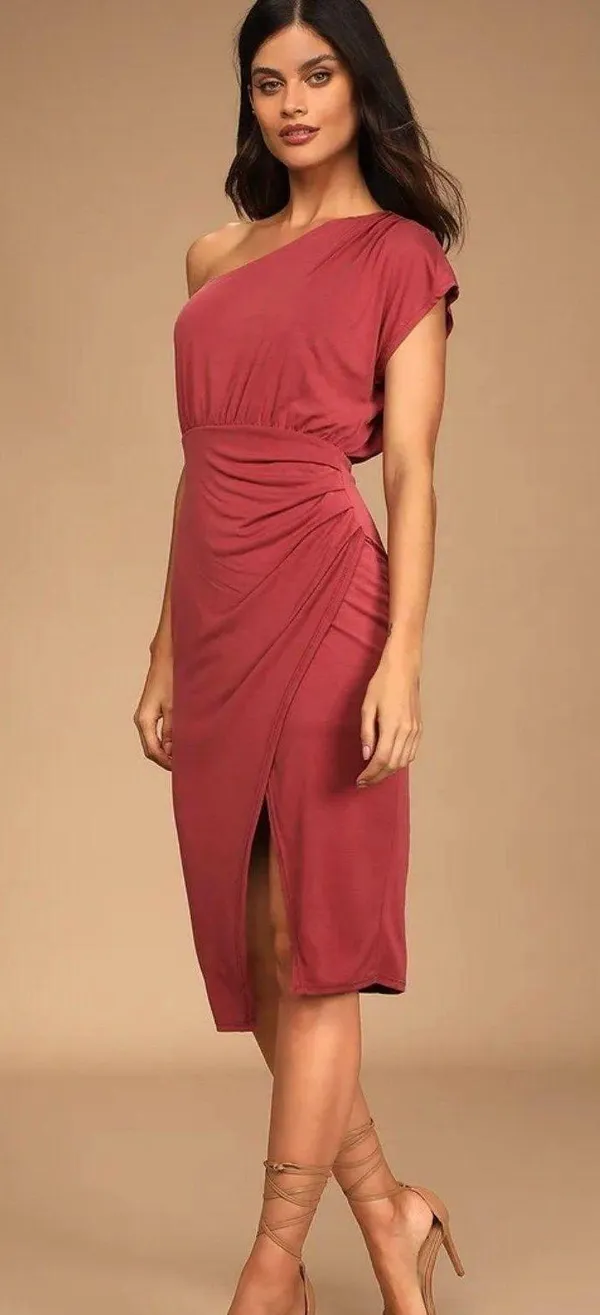 Lulus New Lulu’s Raise a Glass Rusty Rose One-Shoulder Midi Dress XS - Image 3