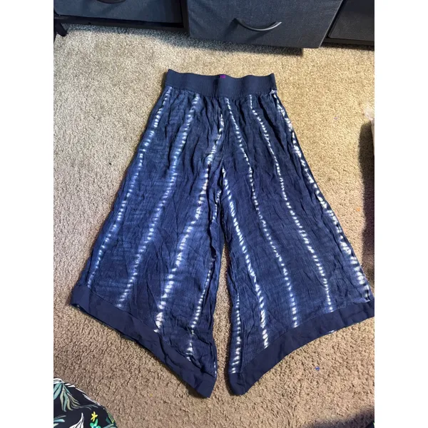 Adore Me‎ Navy Blue Tie Dye Wide Leg Lounge Pants Sharkbite Hem Small Rayon - Image 2
