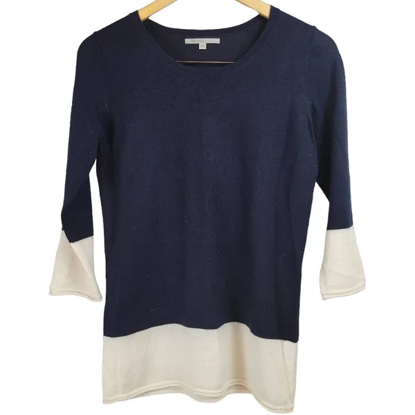Color Block Top Navy and‎ Cream 3/4 Sleeve Round Neck Sweater - Image 2