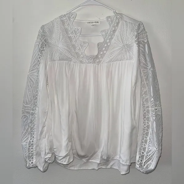 Bohme Cactus+Pearl Lacey Eyelet Western Boho Steampunk White Blouse size small - Image 2