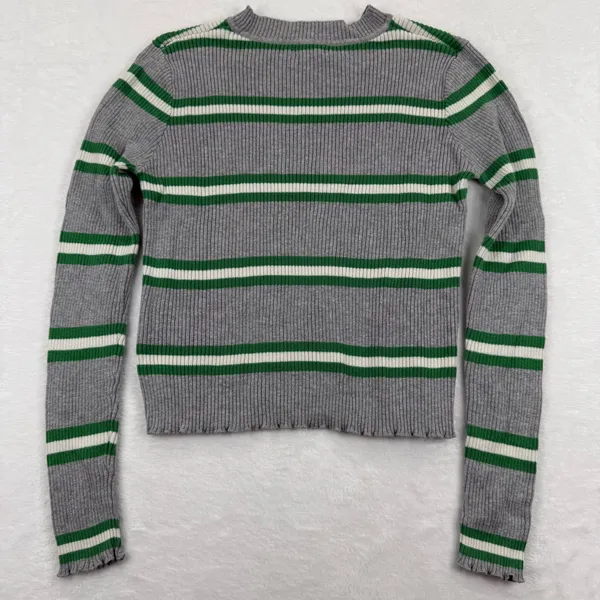 BP Gray Green Striped Ribbed Knit Sweater Womens Small‎ Crew Neck Lettuce Hem - Image 6
