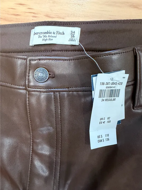 Abercrombie Curve Love Vegan Leather 90s Relaxed Pants Brown 34R NWT High Rise - Image 2