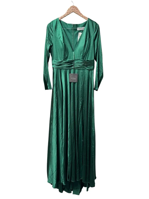 Ieena for Mac Duggal Long Sleeve Satin A-Line Maxi Dress Gown Emerald Green 10 - Image 4