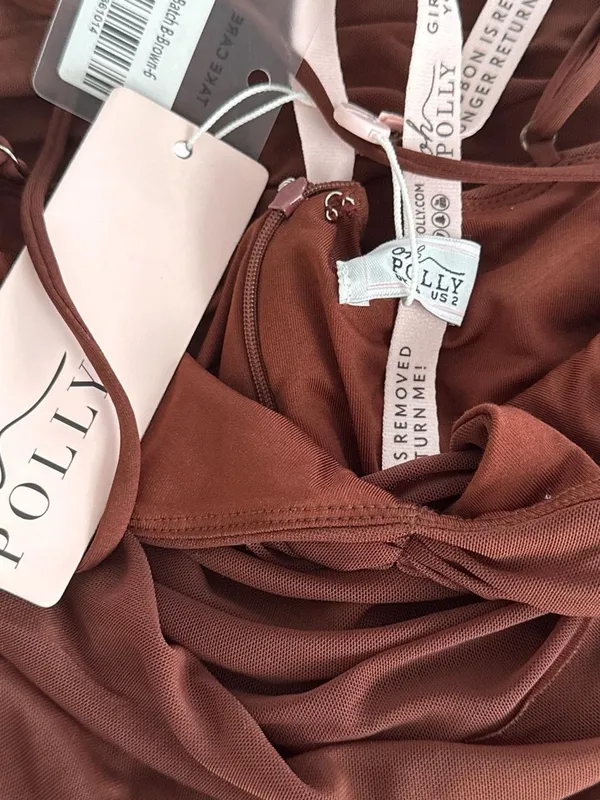 Oh Polly Chocolate Brown Ruched Spaghetti Strap Mini Dress - Image 4