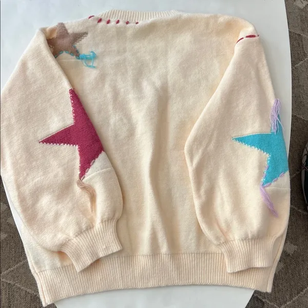 POL Patchwork Star Sweater - Beige V Neck Thick Knit Size Medium - Image 7