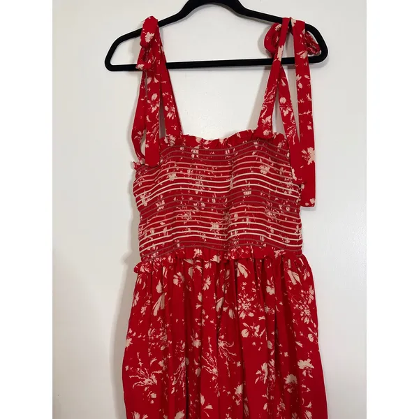 Free People Red Floral Smocked Wide‎ Leg Jumpsuit Tie Shoulder Straps Medium - Image 7