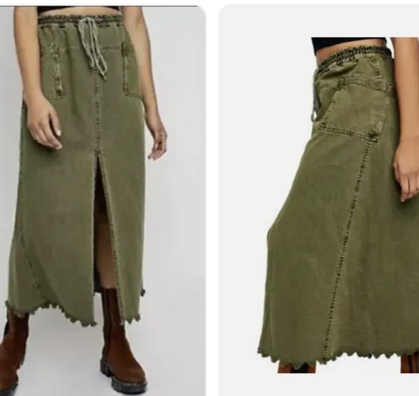 Free People Woke Up Like This stretch waist maxi green denim slit skirt sz L - Image 2